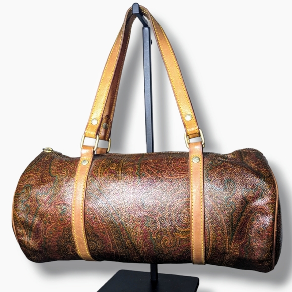 Etro | Vintage Papillon Natural Leather Burgundy Paisley Cylinder Mini Tote Bag - Picture 2 of 5